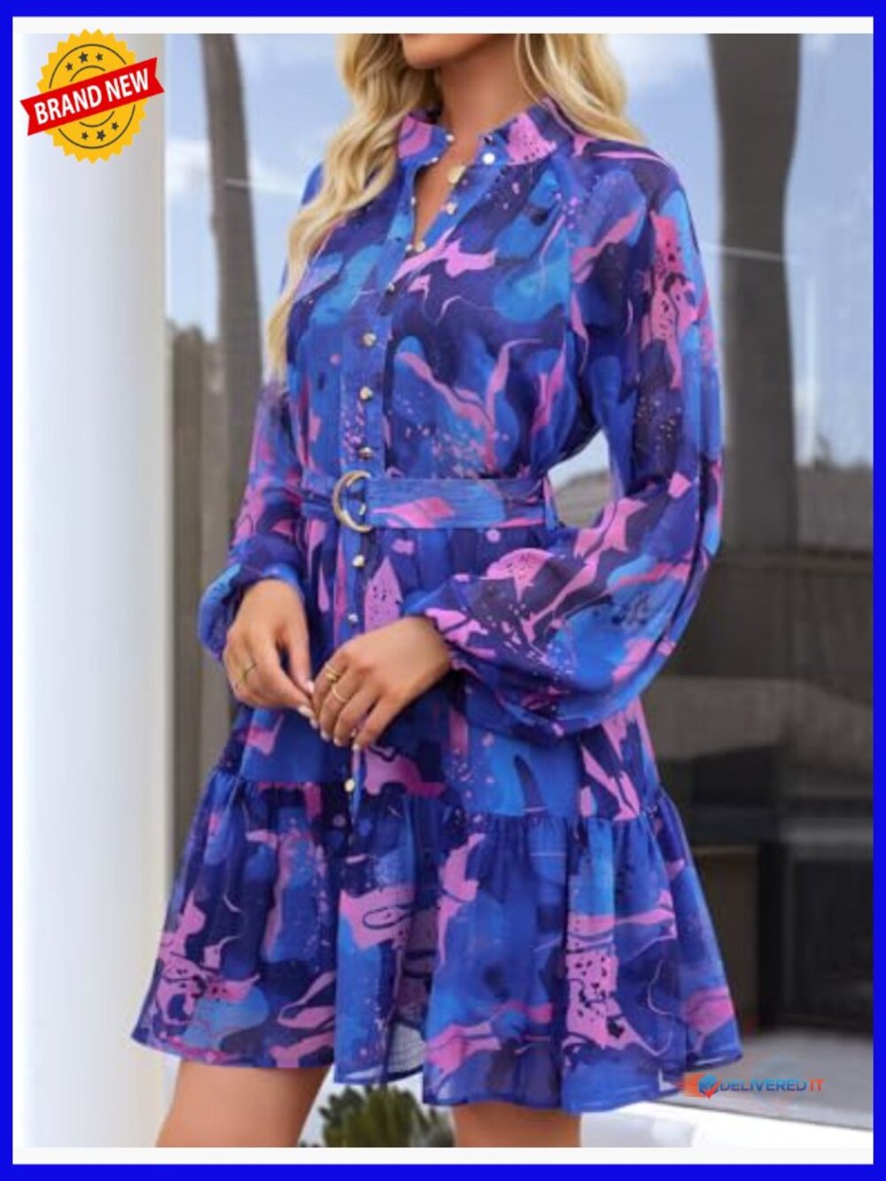 Floral Chiffon Mini Dress Long Sleeve Button A-Line Swing Party Dress - Picture 6 of 7
